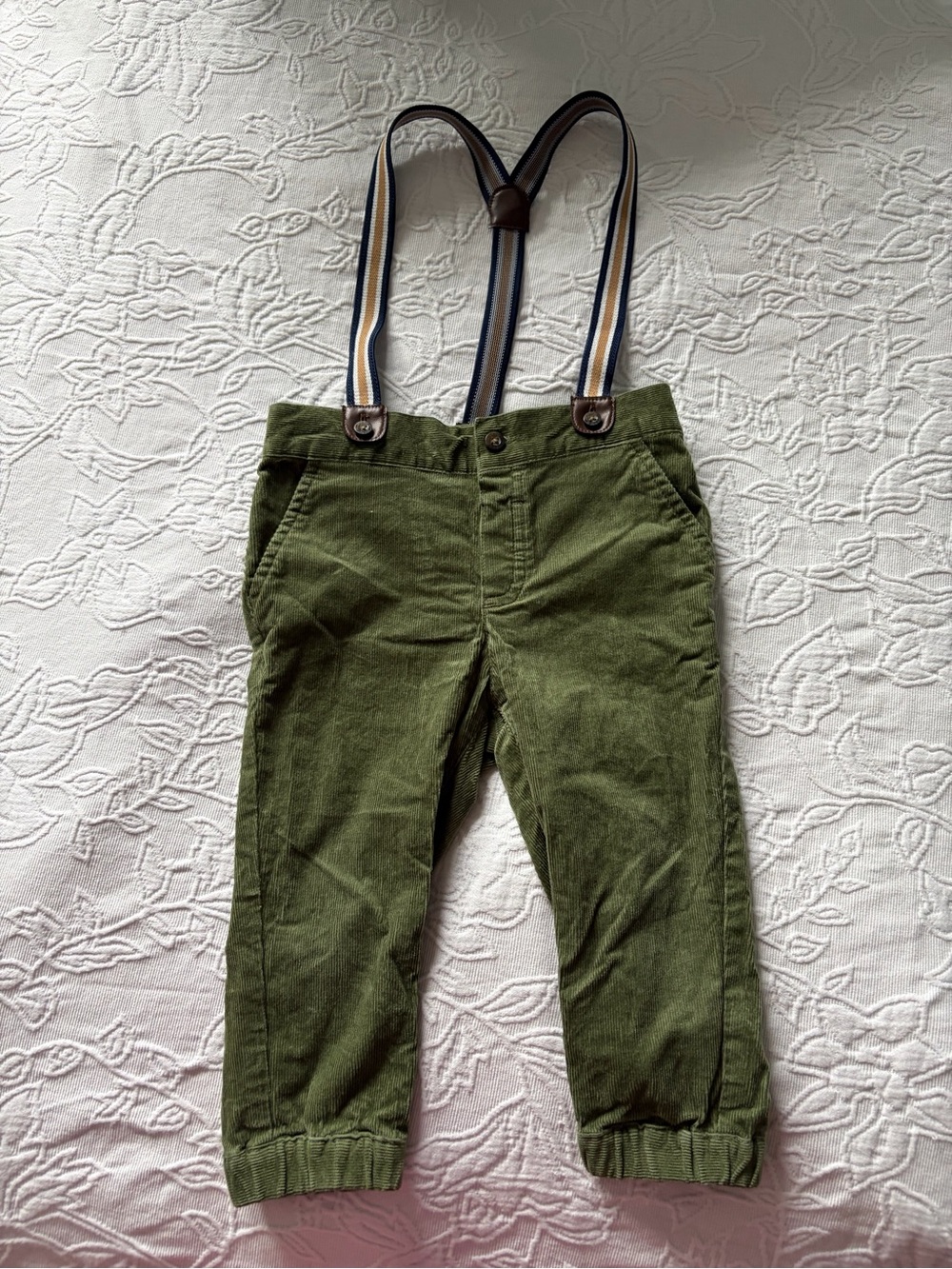 Janie and Jack 12-18m Olive Green Kids Corduroy Pants Striped Suspenders